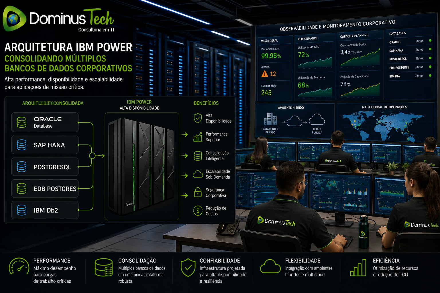 Arquitetura IBM Power em ambiente corporativo consolidando Oracle Database, SAP HANA, PostgreSQL, EDB Postgres e IBM Db2 com dashboards de observabilidade, performance e monitoramento em tempo real.