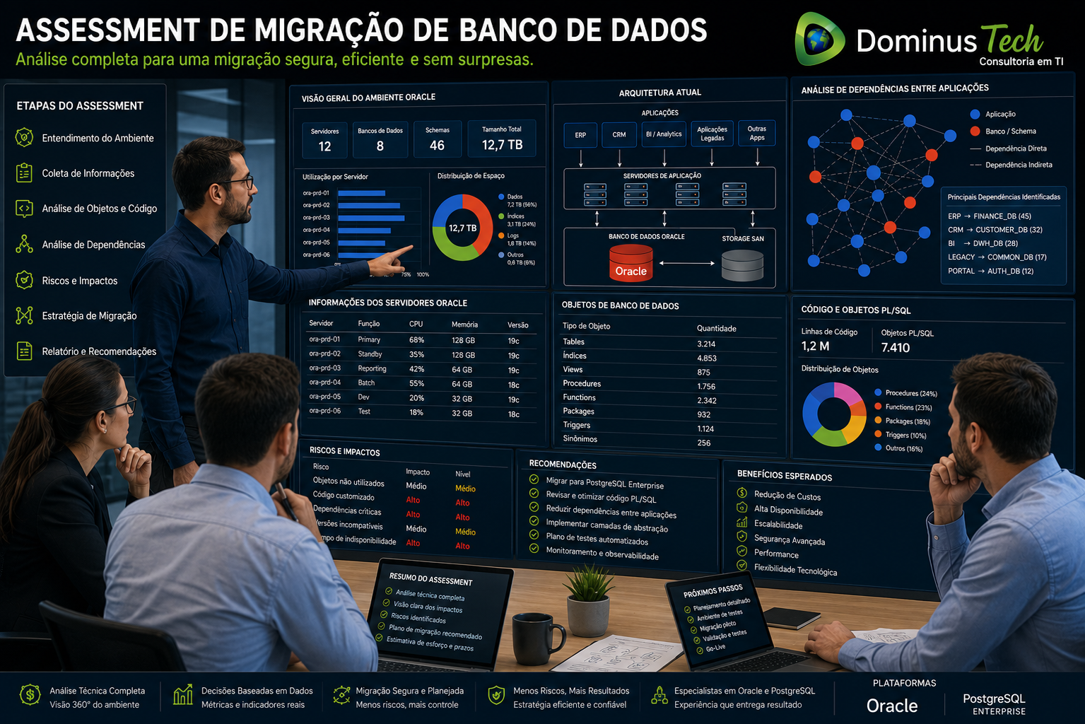 Especialistas em banco de dados realizando um assessment técnico para migração de Oracle para PostgreSQL, analisando dashboards de infraestrutura, diagramas de arquitetura, servidores de banco de dados, objetos do banco, dependências entre aplicações e indicadores técnicos em uma sala de operações corporativa, com o logotipo oficial da Dominus Tech.