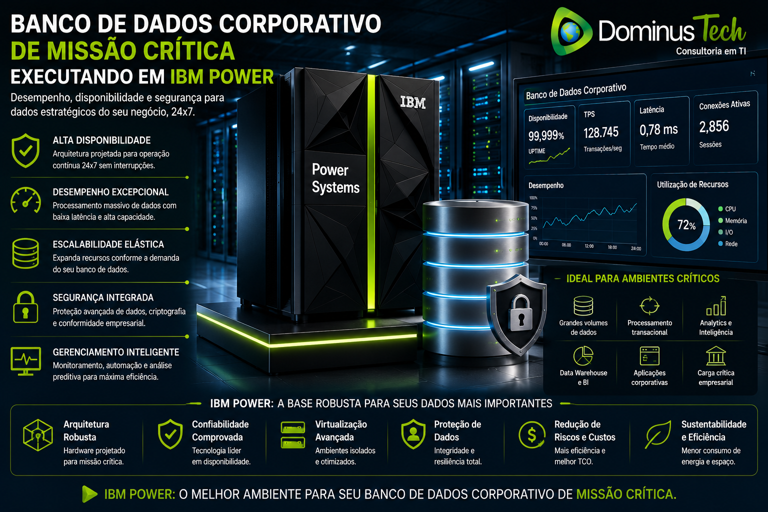 Banco de dados corporativo de missão crítica executando em infraestrutura IBM Power, oferecendo alta disponibilidade, desempenho avançado, segurança de dados, escalabilidade empresarial e suporte a aplicações estratégicas em ambiente de datacenter corporativo.Legenda