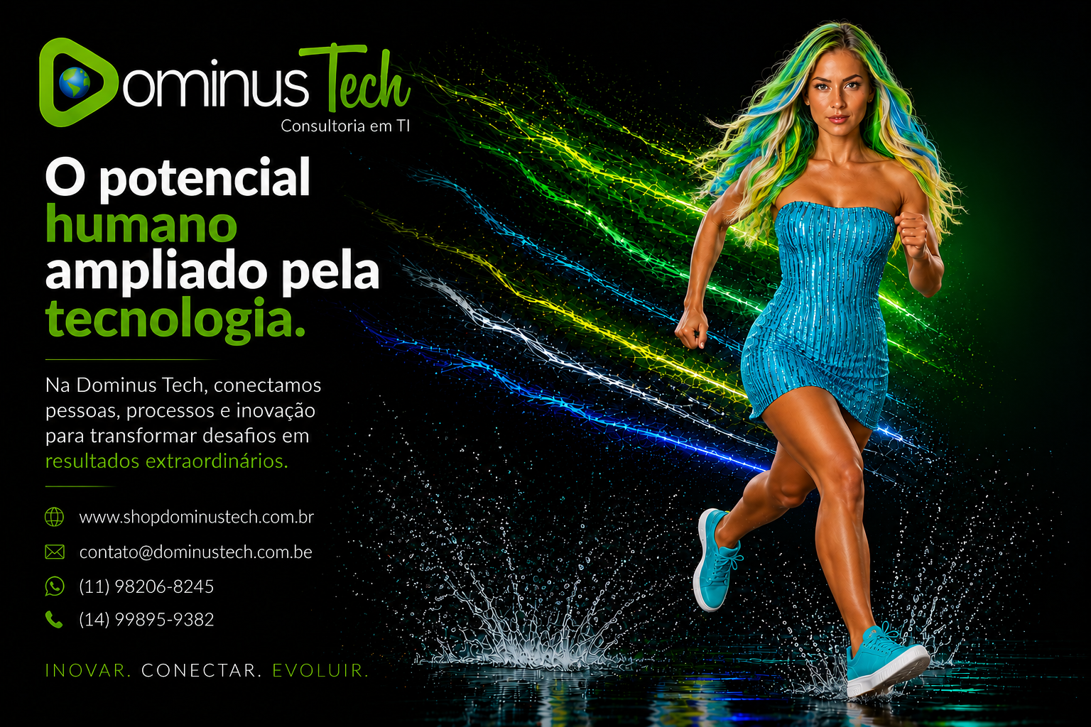 Profissional da Dominus Tech em movimento representando inovação, transformação digital e o potencial humano ampliado pela tecnologia, com efeitos visuais em verde, azul e amarelo simbolizando velocidade, evolução e conectividade.