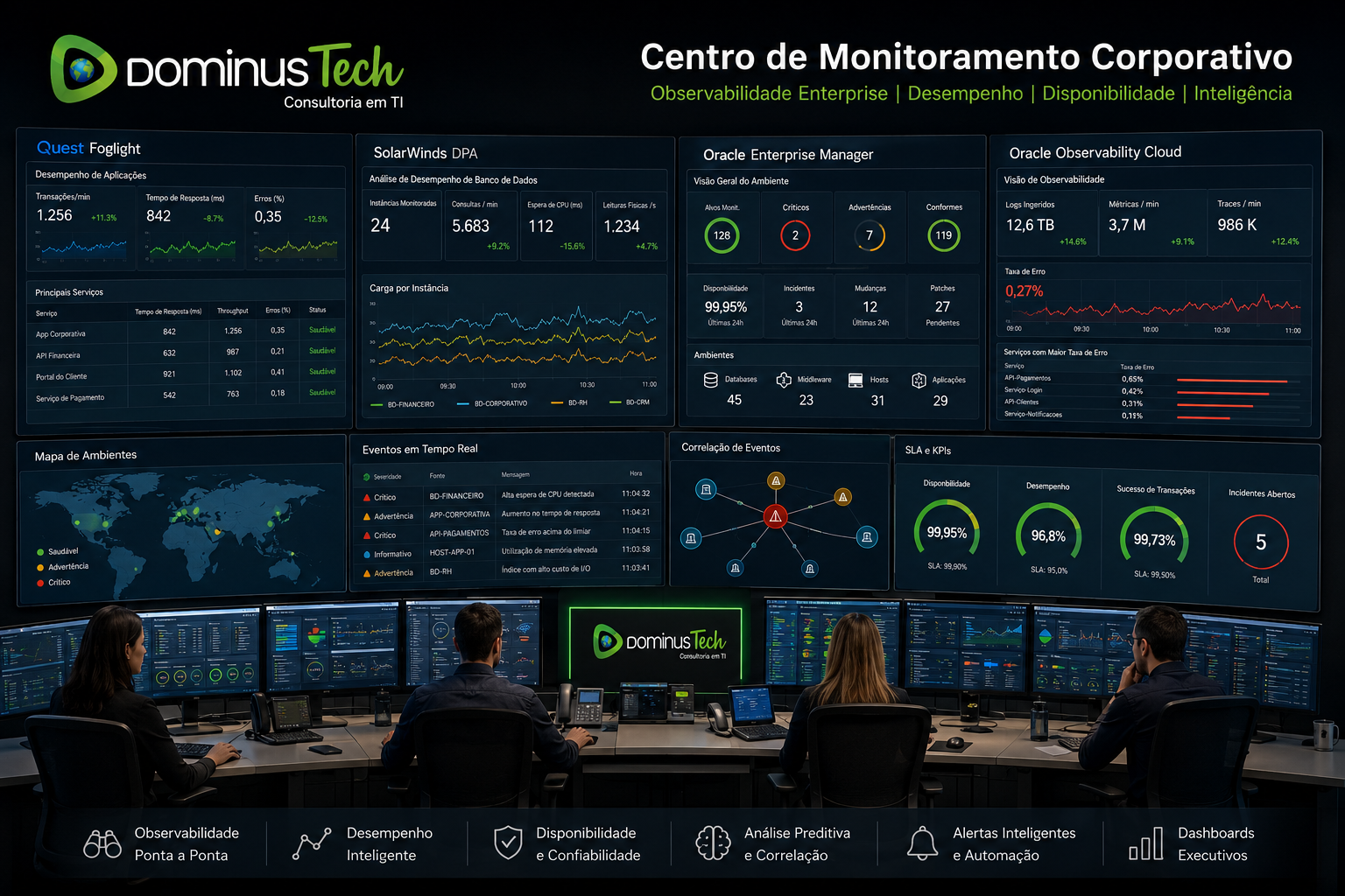 Centro de operações enterprise da Dominus Tech utilizando Quest Foglight, SolarWinds DPA, Oracle Enterprise Manager e Oracle Observability Cloud para monitoramento, observabilidade corporativa, análise de desempenho e correlação de eventos em tempo real.