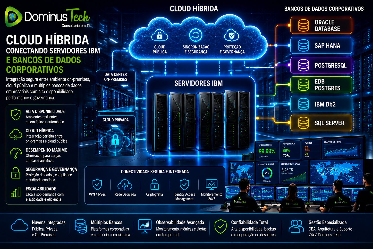 Cloud híbrida conectando servidores IBM e bancos de dados corporativos com dashboards de observabilidade, monitoramento em tempo real, alta disponibilidade e infraestrutura moderna.