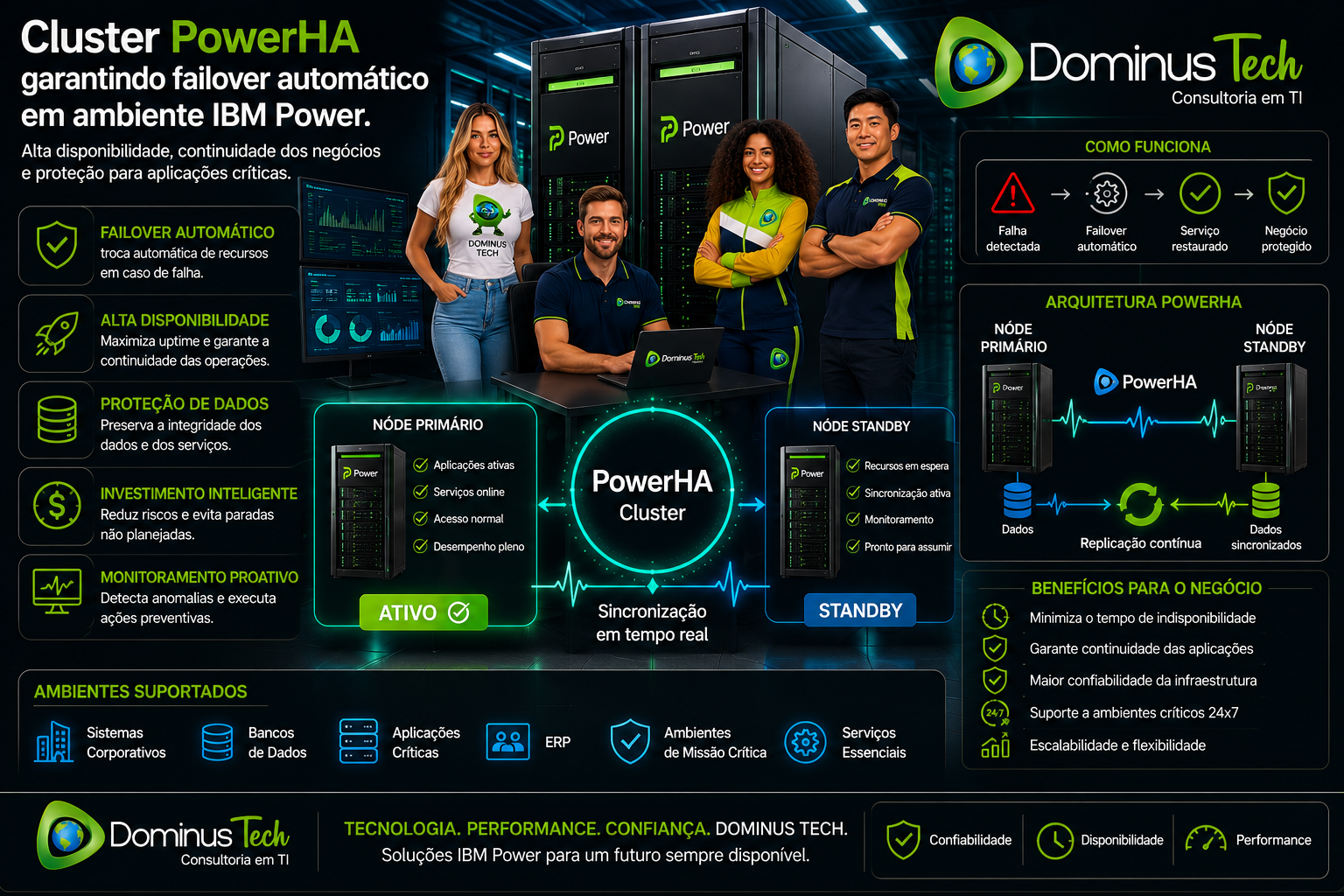 Infográfico ilustrando um cluster PowerHA em infraestrutura IBM Power com failover automático, alta disponibilidade, monitoramento contínuo e redundância ativa para aplicações corporativas críticas.