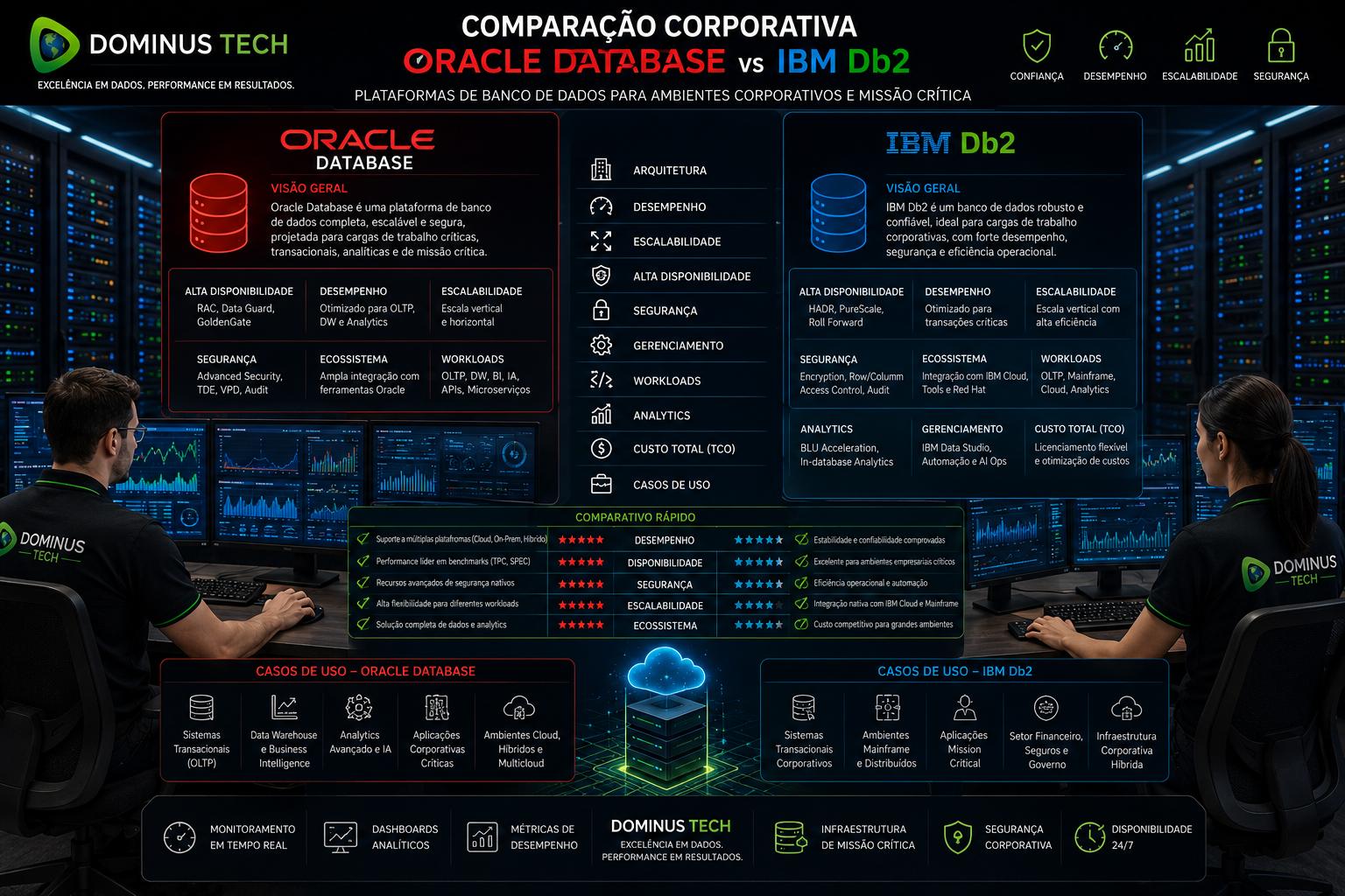 Comparação corporativa entre Oracle Database e IBM Db2 em ambiente empresarial com dashboards analíticos, servidores de alta disponibilidade, observabilidade e monitoramento de infraestrutura crítica.