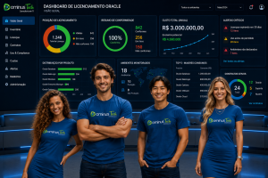 Duas mulheres e dois homens, incluindo um profissional japonês, em ambiente corporativo de tecnologia com dashboards de licenciamento Oracle e monitoramento de infraestrutura exibidos em grandes telas.