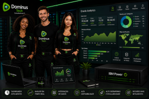 Equipe de TI da Dominus Tech apresentando dashboard Oracle Analytics com análise em tempo real, integração de dados e execução em servidor IBM Power em ambiente corporativo moderno
