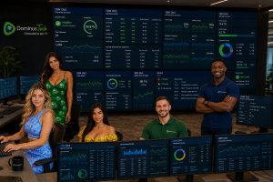 Equipe da Dominus Tech monitorando múltiplos dashboards IBM Db2 em um centro de operações corporativo moderno, com analistas, DBAs, arquitetos de banco de dados e especialistas em observabilidade acompanhando métricas de desempenho, disponibilidade, capacidade e infraestrutura crítica.