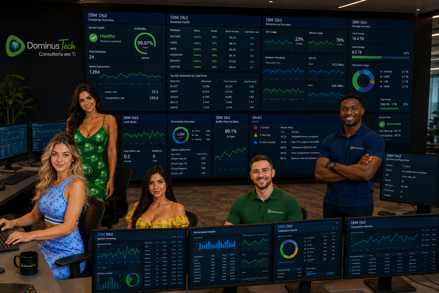 Equipe da Dominus Tech monitorando múltiplos dashboards IBM Db2 em um centro de operações corporativo moderno, com analistas, DBAs, arquitetos de banco de dados e especialistas em observabilidade acompanhando métricas de desempenho, disponibilidade, capacidade e infraestrutura crítica.