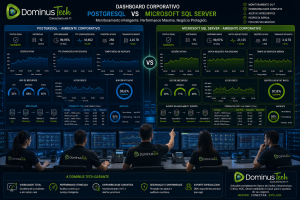 Equipe da Dominus Tech monitorando dashboards corporativos de PostgreSQL e Microsoft SQL Server com métricas em tempo real, observabilidade avançada e infraestrutura de banco de dados empresarial.
