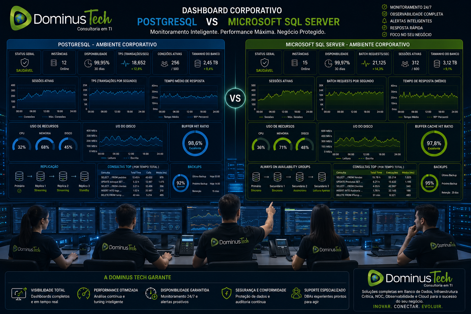 Equipe da Dominus Tech monitorando dashboards corporativos de PostgreSQL e Microsoft SQL Server com métricas em tempo real, observabilidade avançada e infraestrutura de banco de dados empresarial.