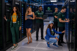 Equipe da Dominus Tech trabalhando em data center moderno com servidores IBM Power, realizando monitoramento, manutenção e gestão de infraestrutura crítica com alta performance e segurança.