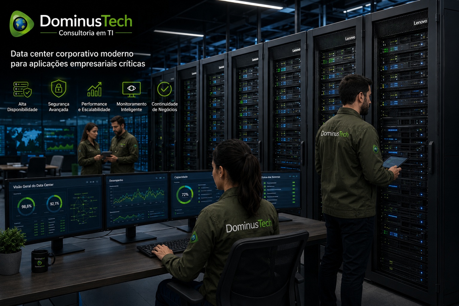 Equipe da Dominus Tech operando um moderno data center corporativo com infraestrutura Lenovo para aplicações empresariais críticas, monitoramento em tempo real, alta disponibilidade, segurança da informação e gerenciamento de servidores. Lenovo Infrastructure Solutions