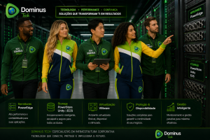 Data center corporativo moderno com equipe técnica da Dominus Tech analisando servidores, storage e ambiente virtualizado com alta disponibilidade e segurança.