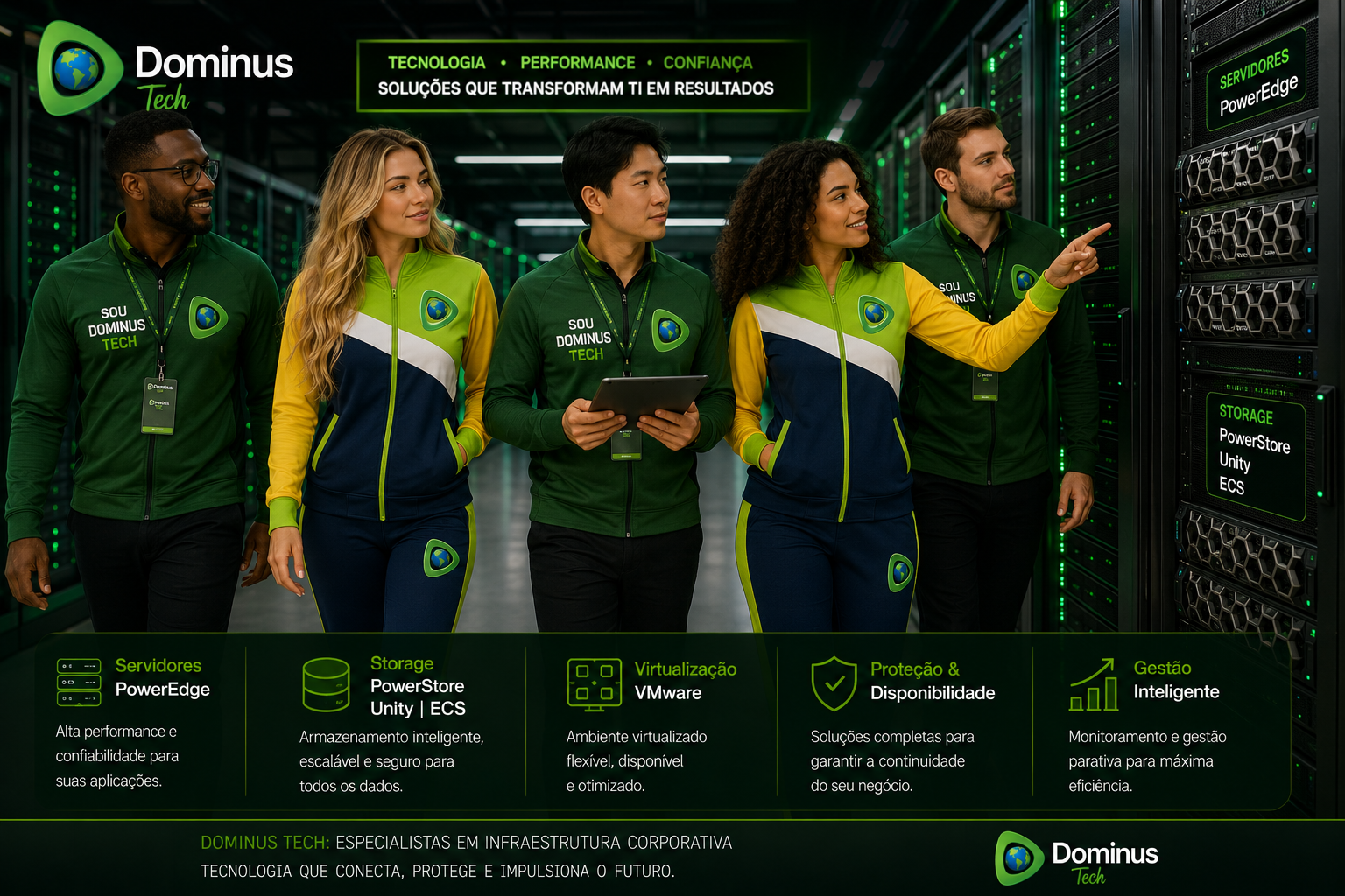 Data center corporativo moderno com equipe técnica da Dominus Tech analisando servidores, storage e ambiente virtualizado com alta disponibilidade e segurança.