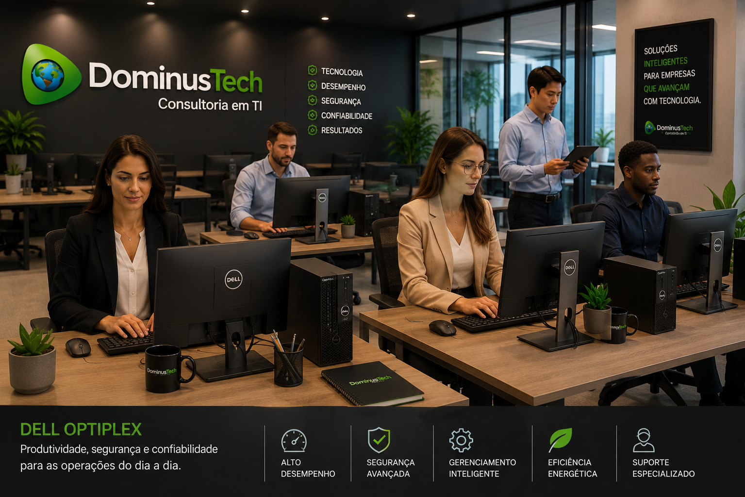 Equipe corporativa trabalhando em computadores Dell OptiPlex em escritório moderno, executando operações administrativas com segurança, produtividade e gerenciamento profissional de TI.