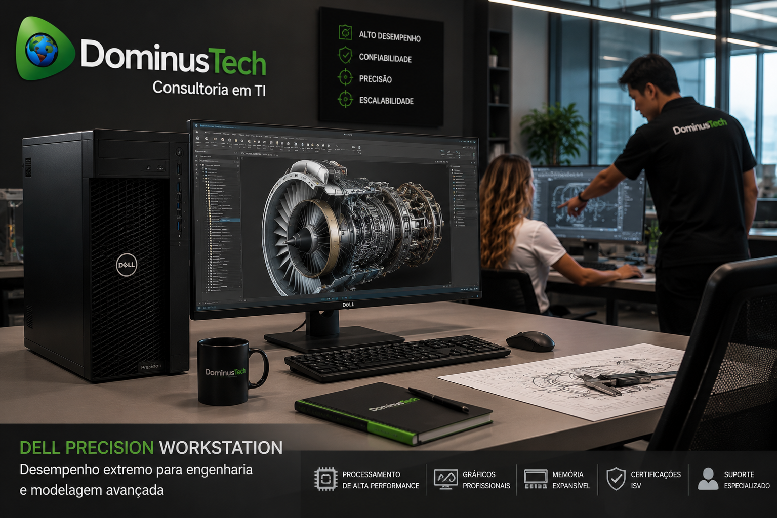 Dell Precision Workstation instalada em ambiente corporativo de engenharia e modelagem avançada, executando aplicações profissionais para CAD, simulação 3D, renderização e projetos de alta performance.