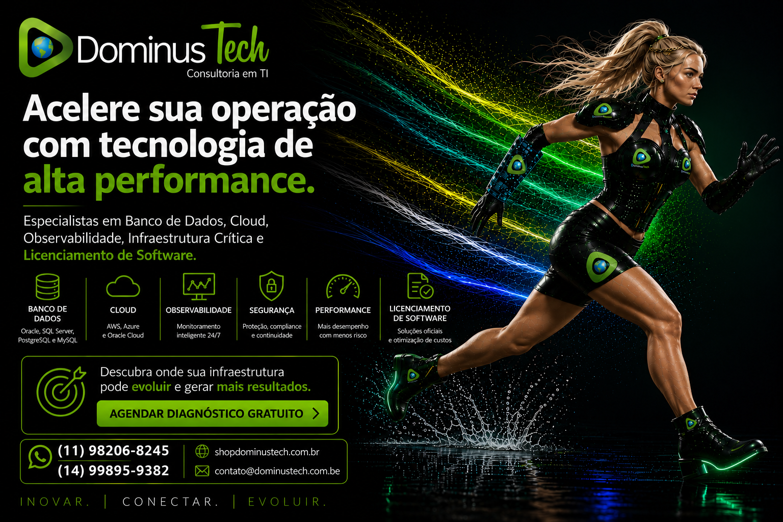 Banner institucional da Dominus Tech com atleta tecnológica correndo em alta velocidade, representando performance, inovação, cloud computing, observabilidade, infraestrutura crítica, banco de dados e licenciamento de software.
