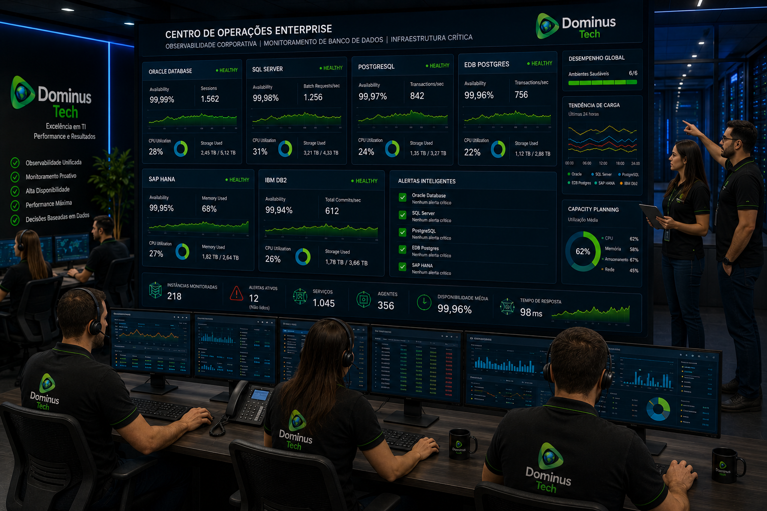 Equipe de especialistas da Dominus Tech monitorando Oracle Database, SQL Server, PostgreSQL, EDB Postgres, SAP HANA e IBM Db2 em um centro de operações enterprise com dashboards avançados de observabilidade corporativa.
