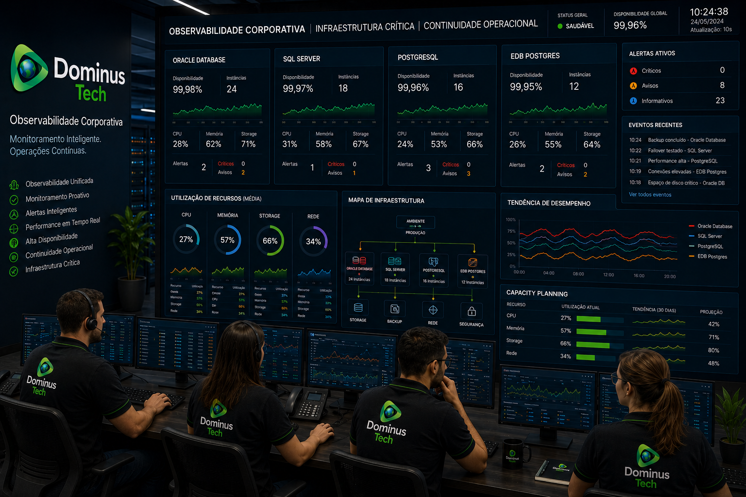 Equipe de especialistas da Dominus Tech monitorando ambientes corporativos críticos através de dashboards avançados de observabilidade, desempenho de bancos de dados, infraestrutura de TI e operações enterprise em tempo real.