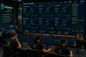 Equipe de homens e mulheres da Dominus Tech monitorando Oracle Database, SQL Server, PostgreSQL, EDB Postgres, SAP HANA e IBM Db2 através de dashboards corporativos do Quest Foglight em um centro de operações enterprise.