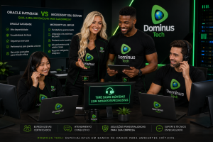 Equipe da Dominus Tech prestando consultoria especializada sobre Oracle Database e Microsoft SQL Server, atendendo clientes presencialmente e por headset em ambiente corporativo de tecnologia.