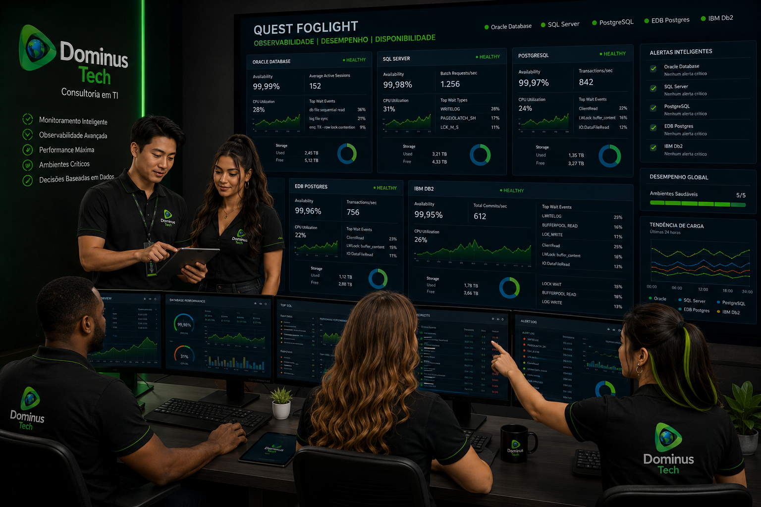 Equipe de DBAs da Dominus Tech monitorando Oracle Database, SQL Server, PostgreSQL, EDB Postgres e IBM Db2 através de dashboards corporativos avançados de observabilidade, desempenho e disponibilidade em ambiente enterprise.