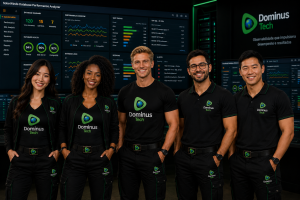 Equipe da Dominus Tech formada por especialistas DBA monitorando ambientes Oracle Database, SQL Server e PostgreSQL através do SolarWinds Database Performance Analyzer em um centro de operações corporativo com dashboards avançados de observabilidade e desempenho.