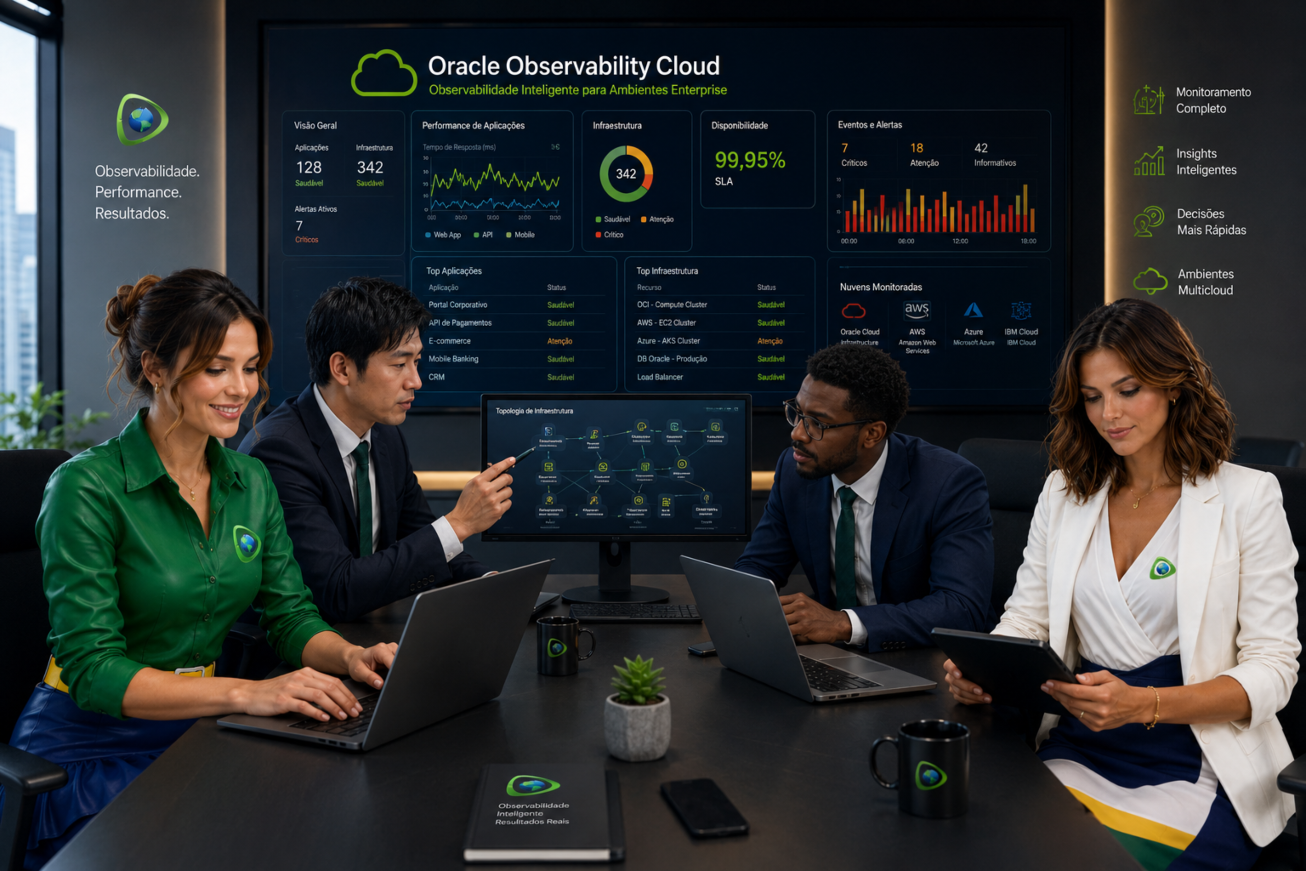 Equipe corporativa multicultural utilizando Oracle Observability Cloud para monitoramento de aplicações críticas, infraestrutura enterprise, serviços em nuvem e observabilidade de ambientes multicloud em tempo real.