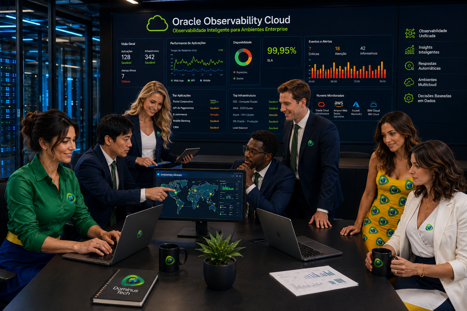 Equipe multicultural da Dominus Tech reunida em um centro de operações corporativo utilizando Oracle Observability Cloud para monitoramento de aplicações, infraestrutura, serviços em nuvem e ambientes enterprise com dashboards em tempo real.