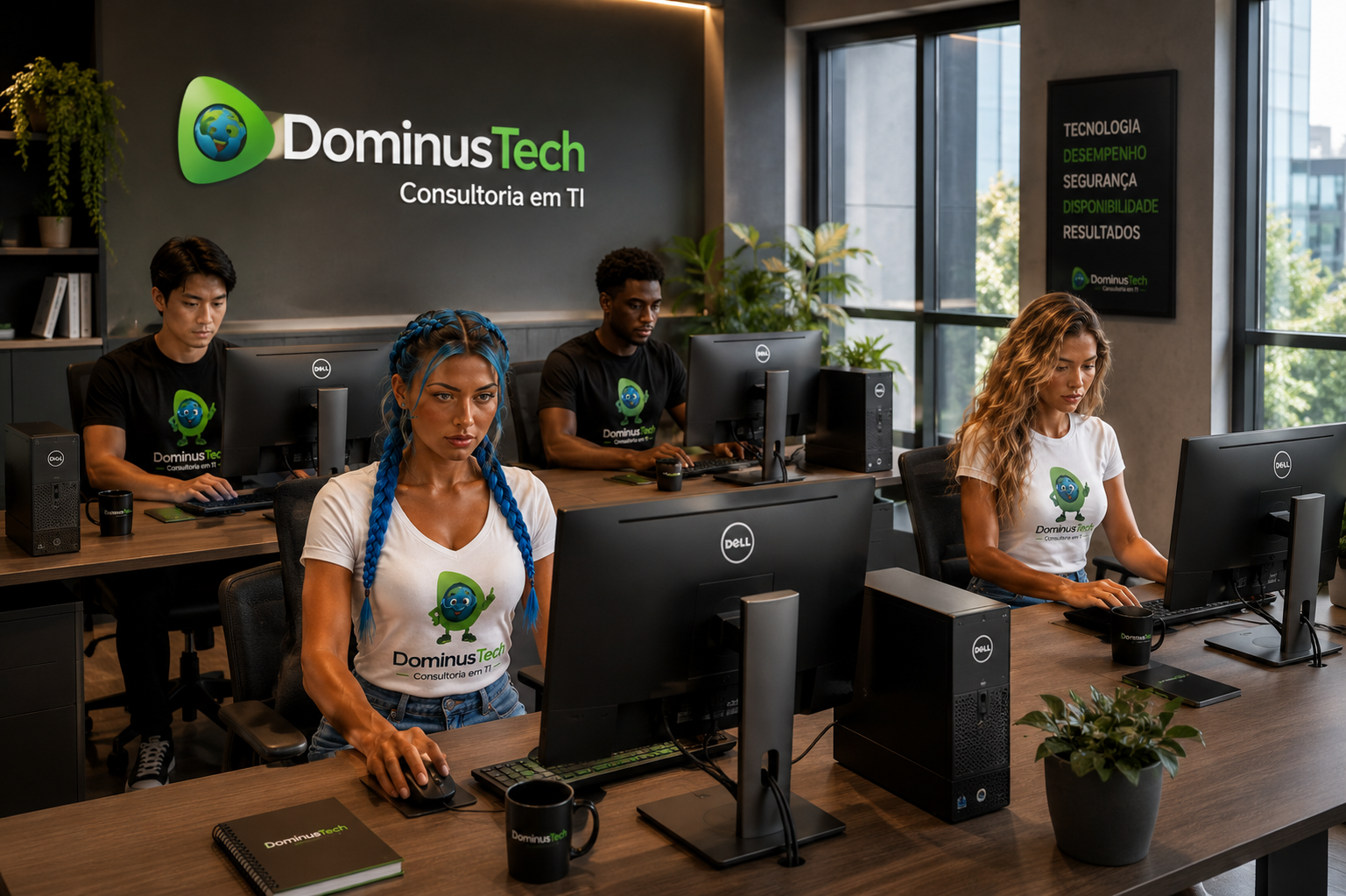 Equipe da Dominus Tech trabalhando em estações de trabalho corporativas Dell em escritório moderno, oferecendo consultoria em TI, infraestrutura, banco de dados, virtualização e suporte especializado.