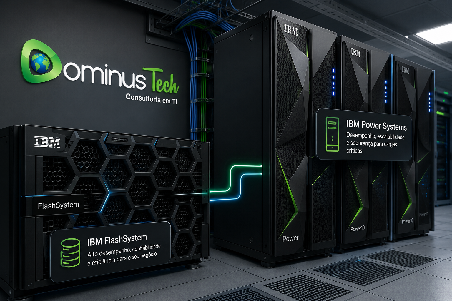 Infraestrutura corporativa com armazenamento FlashSystem e servidores Power Systems conectados em datacenter moderno, destacando alta disponibilidade, desempenho e confiabilidade para ambientes críticos gerenciados pela Dominus Tech.