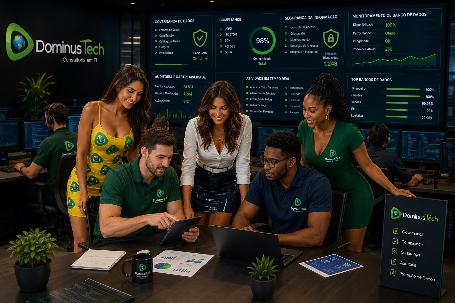 Equipe da Dominus Tech analisando governança de dados, compliance, auditoria e segurança da informação em ambiente corporativo com dashboards de monitoramento e proteção de bancos de dados.