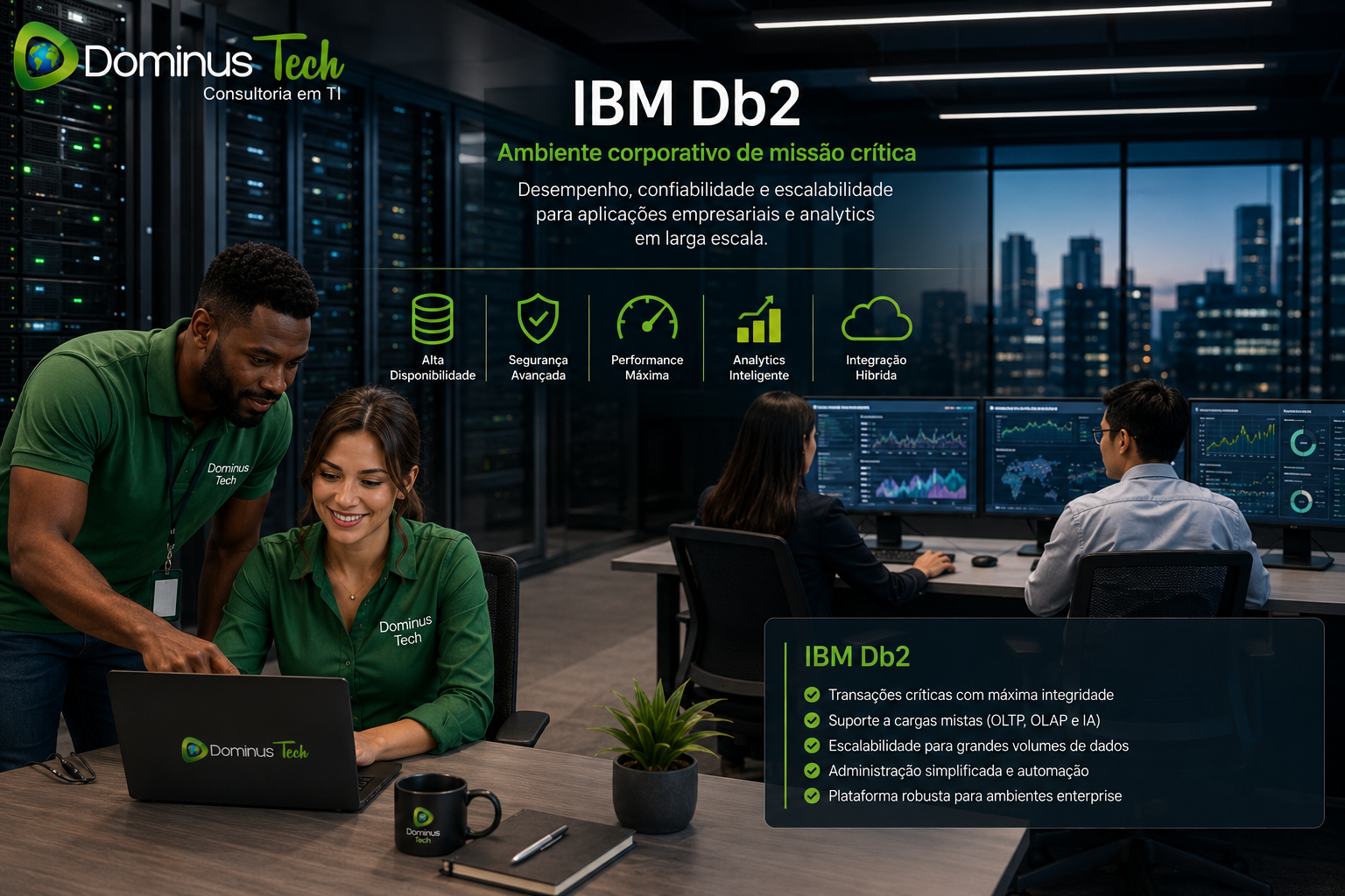 IBM Db2 em ambiente corporativo de missão crítica com monitoramento de desempenho, analytics empresarial, alta disponibilidade e operações de banco de dados em larga escala.