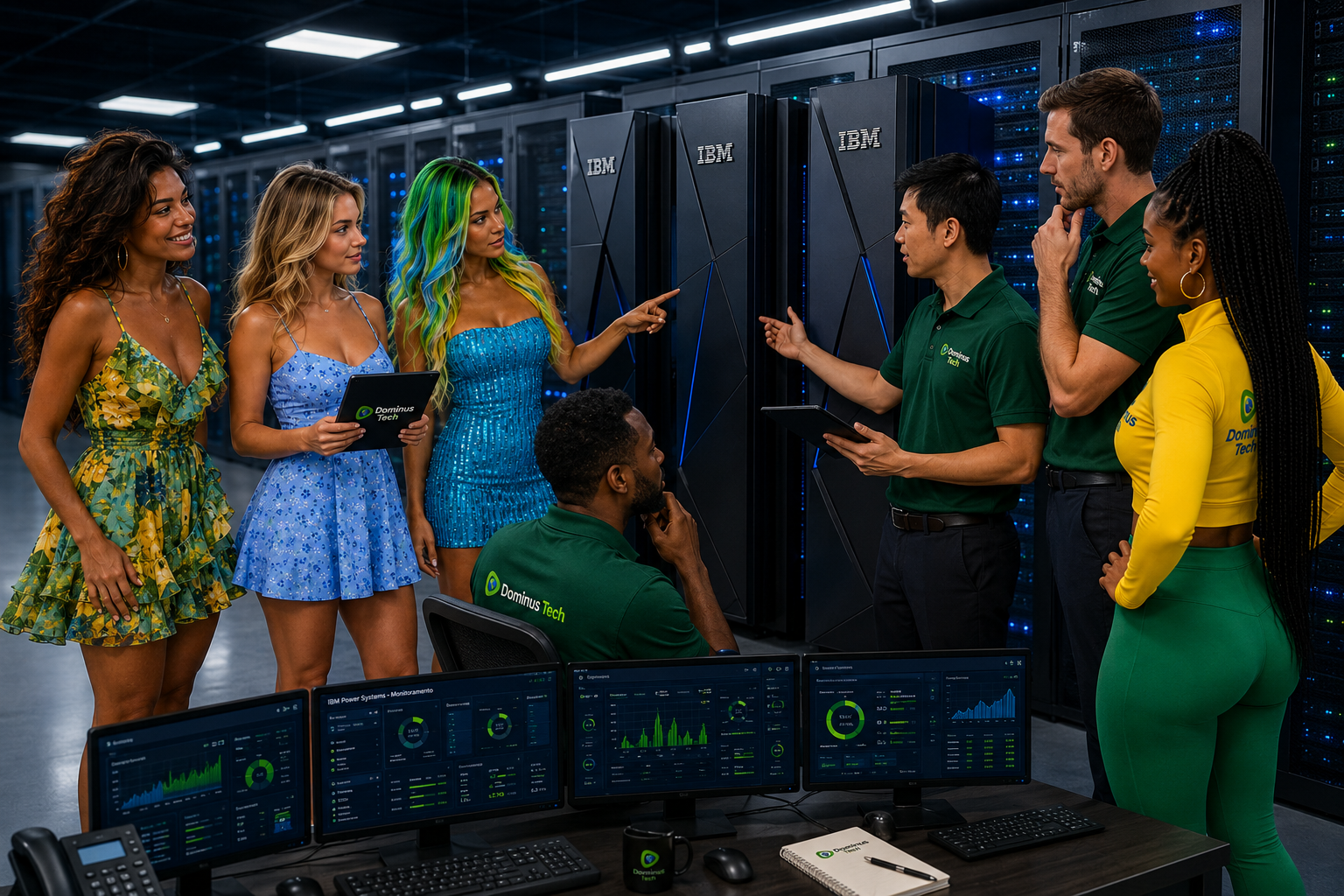 Equipe da Dominus Tech analisando servidores IBM Power em datacenter corporativo de alta disponibilidade com infraestrutura crítica e operações empresariais.