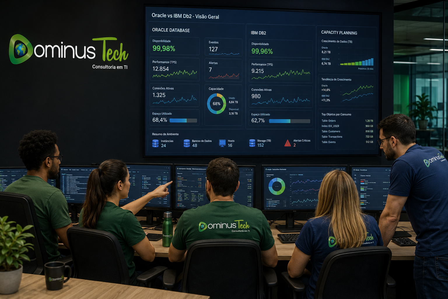 Equipe da Dominus Tech em centro de operações corporativo monitorando dashboards avançados de Oracle Database e IBM Db2 com métricas de disponibilidade, performance, capacidade e observabilidade em tempo real.