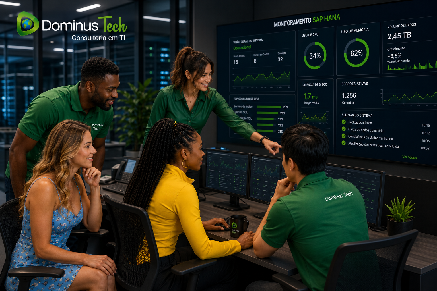 Equipe da Dominus Tech monitorando ambiente SAP HANA enterprise em centro de operações NOC com dashboards de desempenho, disponibilidade, utilização de recursos e análise operacional em tempo real.
