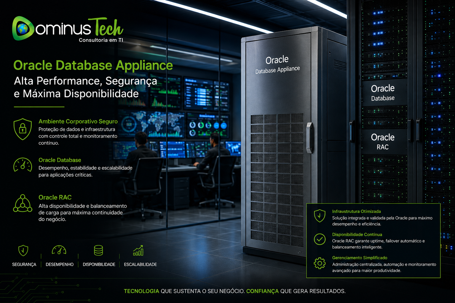Infraestrutura corporativa moderna com Oracle Database Appliance em datacenter seguro, monitoramento avançado, alta disponibilidade com Oracle RAC e equipe de TI especializada da Dominus Tech gerenciando ambientes críticos de banco de dados empresariais.