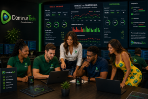 Equipe da Dominus Tech validando dashboards comparativos Oracle vs PostgreSQL em centro de operações corporativo, analisando performance, disponibilidade, escalabilidade, compliance e segurança de bancos de dados.