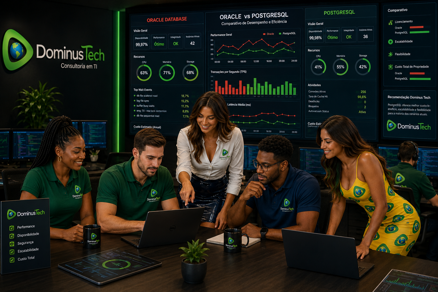Equipe da Dominus Tech validando dashboards comparativos Oracle vs PostgreSQL em centro de operações corporativo, analisando performance, disponibilidade, escalabilidade, compliance e segurança de bancos de dados.
