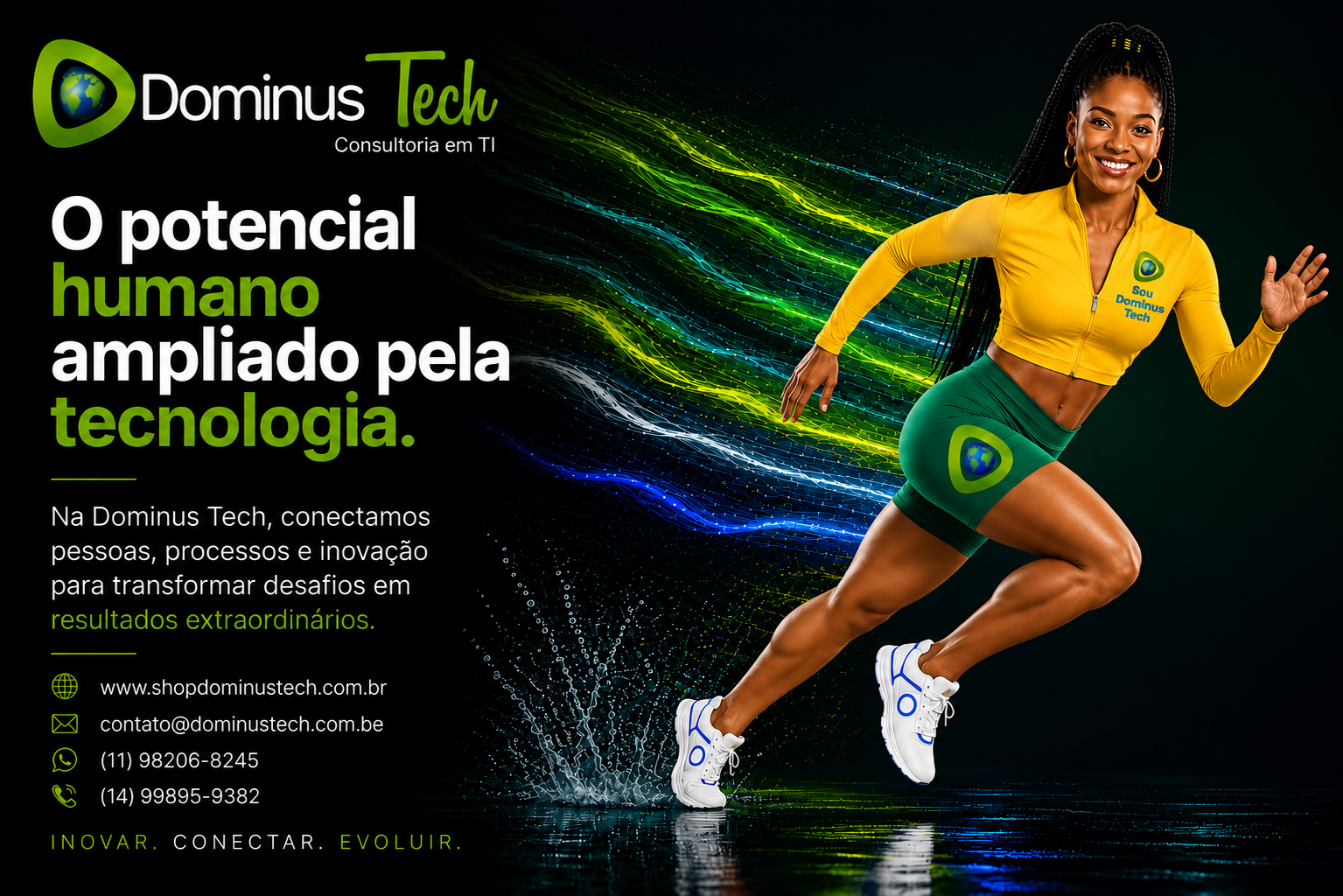 Profissional da Dominus Tech em movimento representando inovação, transformação digital e o potencial humano ampliado pela tecnologia, com efeitos visuais em verde, azul e amarelo simbolizando velocidade, evolução e conectividade.