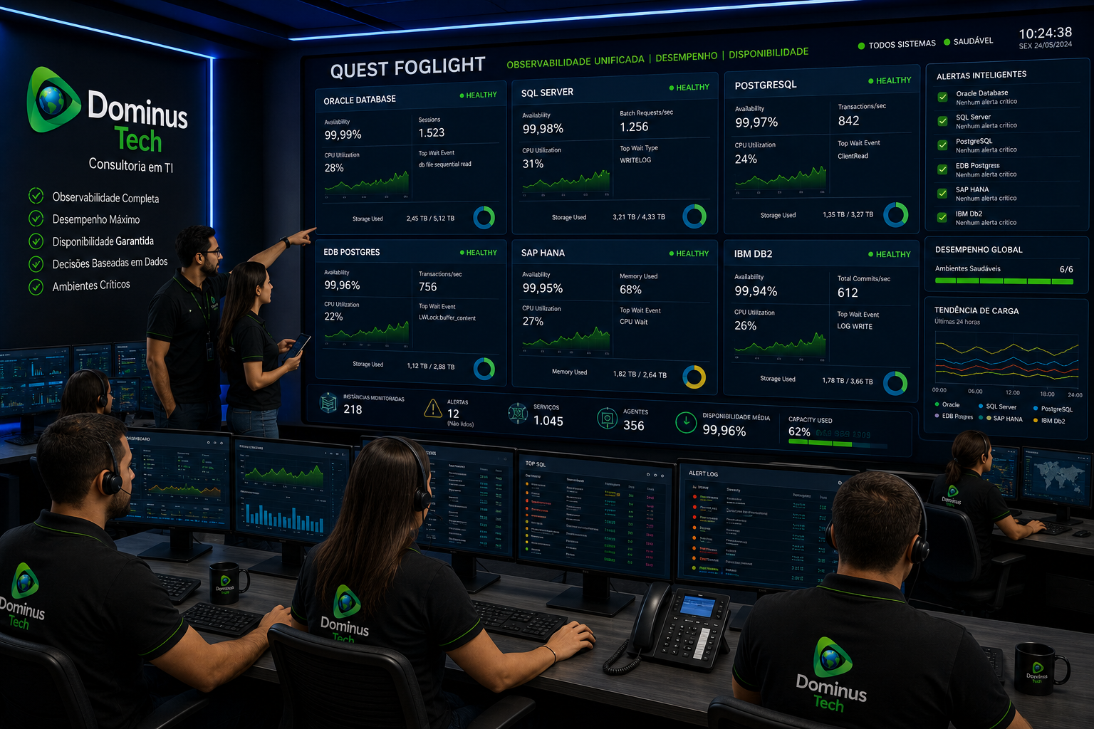 Centro de operações da Dominus Tech utilizando Quest Foglight para monitorar Oracle Database, SQL Server, PostgreSQL, EDB Postgres, SAP HANA e IBM Db2 através de dashboards corporativos de observabilidade e desempenho.