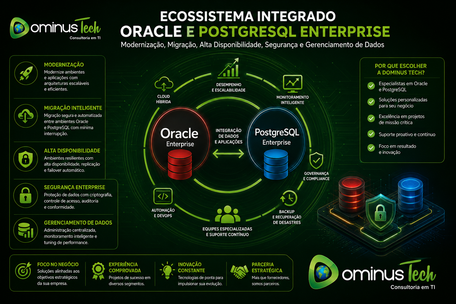 Ecossistema integrado de soluções Oracle e PostgreSQL Enterprise com foco em modernização, migração, alta disponibilidade, segurança e gerenciamento de dados por consultoria especializada.