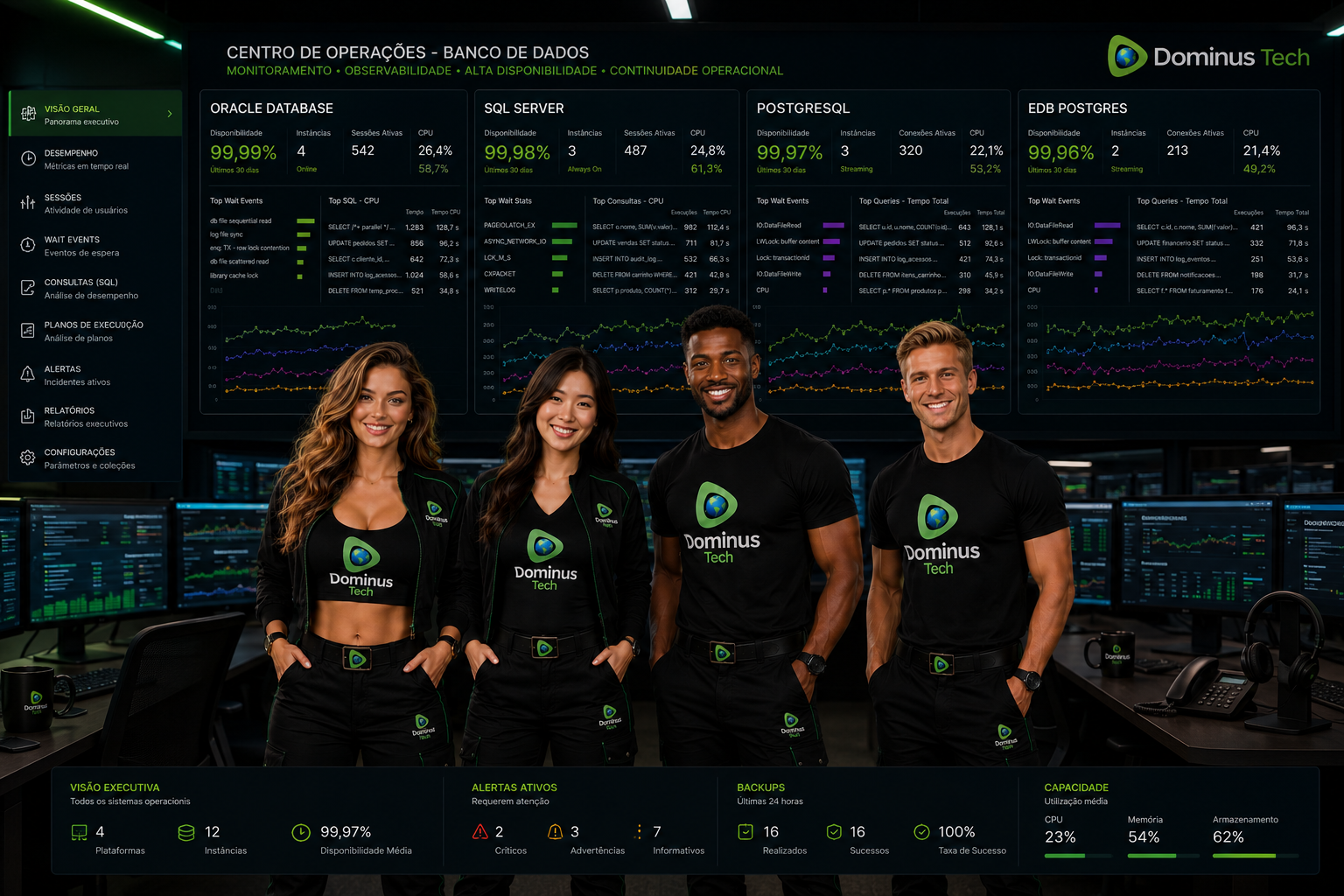 Equipe de especialistas DBA da Dominus Tech utilizando dashboards corporativos para monitoramento de Oracle Database, SQL Server, PostgreSQL e EDB Postgres em ambiente enterprise de missão crítica.