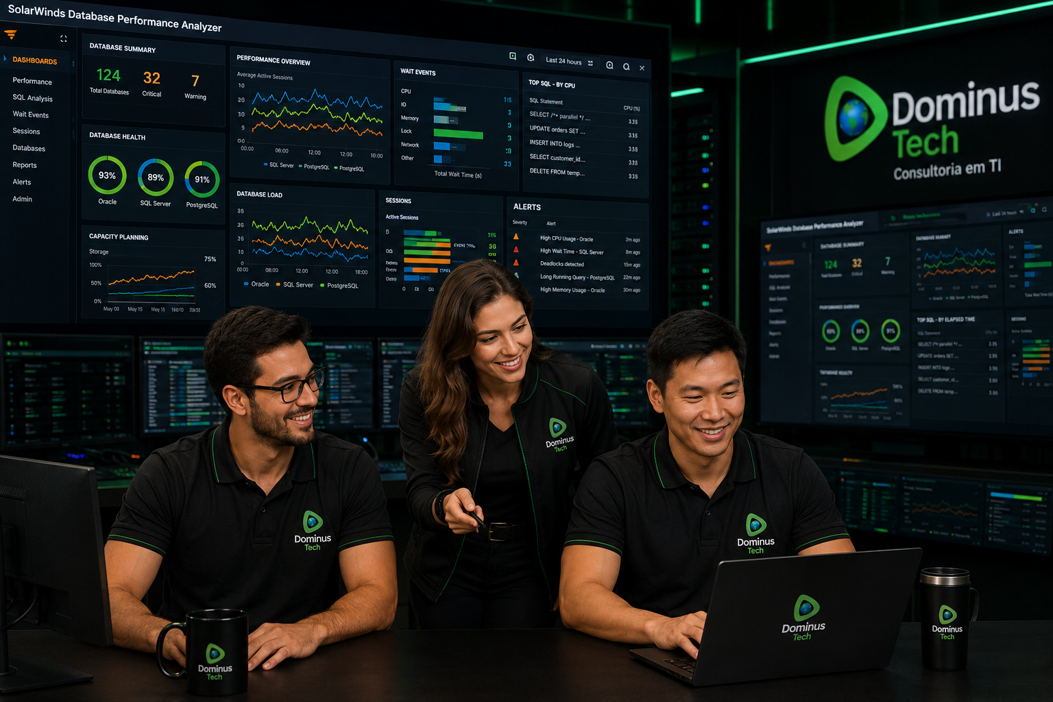 Equipe de administradores de banco de dados da Dominus Tech utilizando SolarWinds Database Performance Analyzer para monitorar Oracle Database, SQL Server e PostgreSQL em ambiente corporativo com dashboards avançados de observabilidade e desempenho.