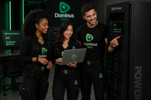 Equipe da Dominus Tech configurando ambiente IBM Power com AIX e virtualização em data center moderno