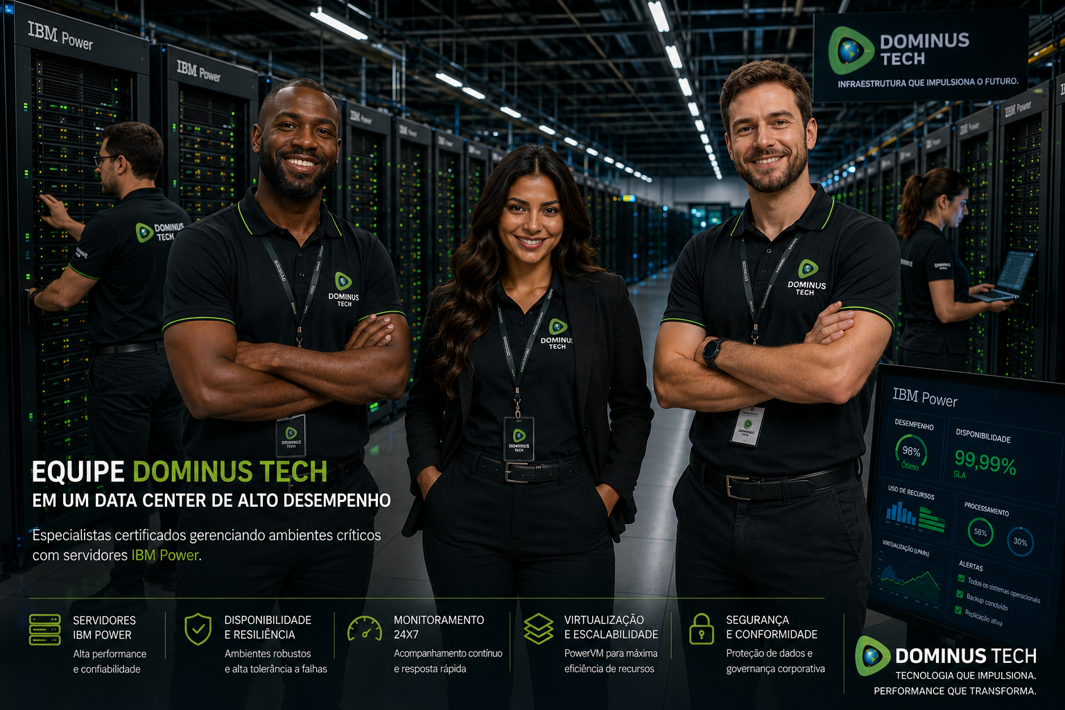 Equipe técnica da Dominus Tech atuando em um grande data center corporativo com servidores IBM Power, monitoramento de infraestrutura crítica, alta disponibilidade, desempenho empresarial e operações de missão crítica.