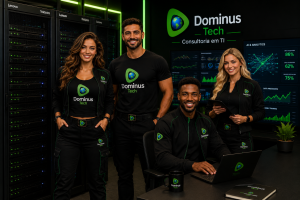 Equipe da Dominus Tech trabalhando em um data center corporativo moderno com infraestrutura Lenovo ThinkSystem para Inteligência Artificial, Analytics Corporativo e monitoramento de ambientes críticos de TI. Especialistas acompanham dashboards em tempo real em um ambiente de alta disponibilidade.