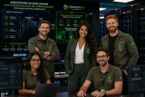 Equipe da Dominus Tech em um data center corporativo demonstrando uma arquitetura de Cyber Recovery com camada isolada para proteção de backups corporativos, alta disponibilidade, segurança cibernética e infraestrutura de TI empresarial.