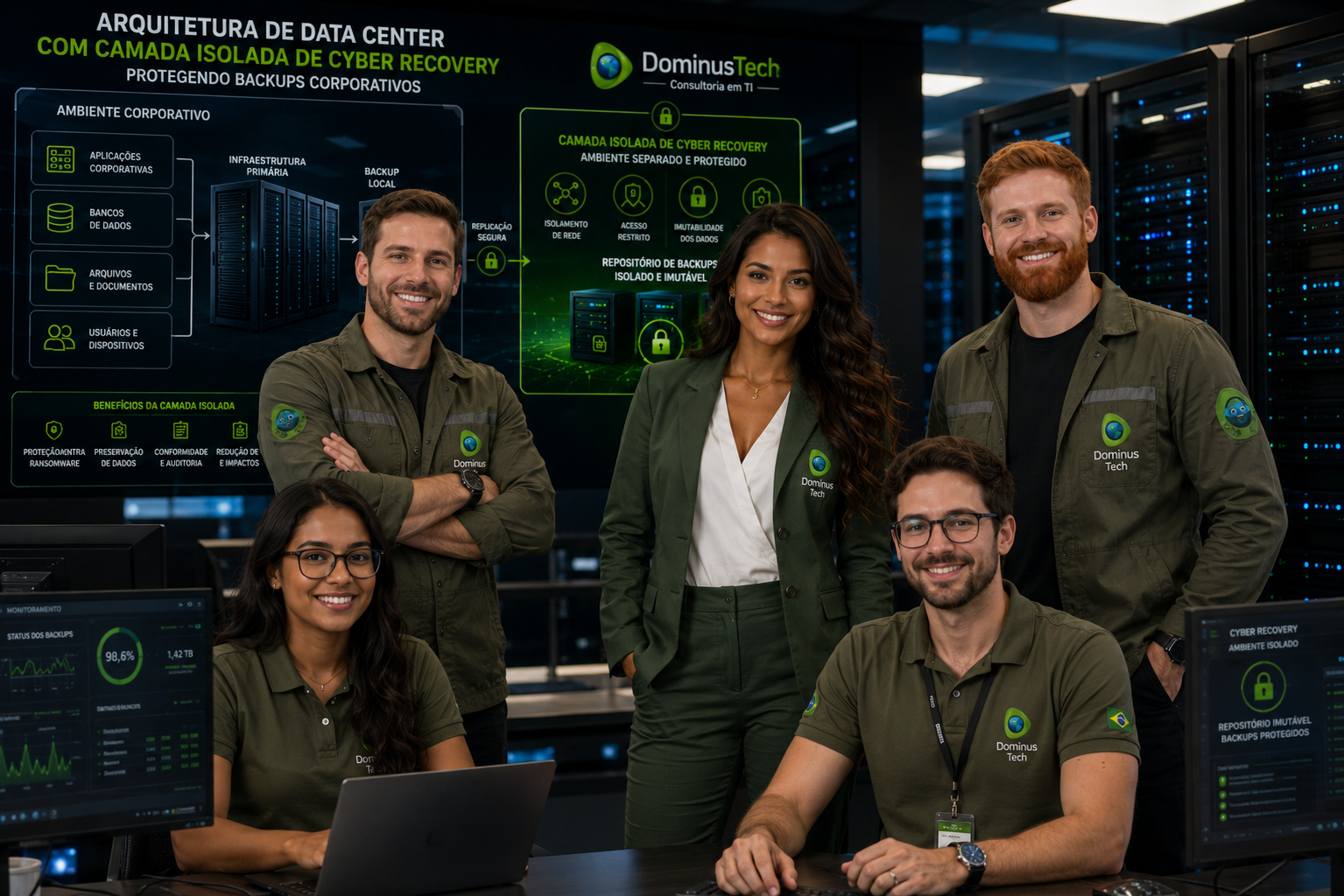 Equipe da Dominus Tech em um data center corporativo demonstrando uma arquitetura de Cyber Recovery com camada isolada para proteção de backups corporativos, alta disponibilidade, segurança cibernética e infraestrutura de TI empresarial.