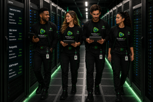Equipe da Dominus Tech caminhando por um data center corporativo moderno, realizando verificação de servidores Lenovo utilizados para bancos de dados Oracle, SQL Server, PostgreSQL e EDB Postgres, em ambiente enterprise de alta disponibilidade, sem exibição de logotipos dos fabricantes.